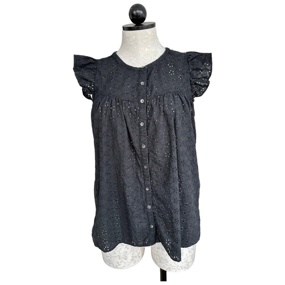Madewell Eyelet Ruffle Sleeve Bib Top Black  Button Down Size Medium